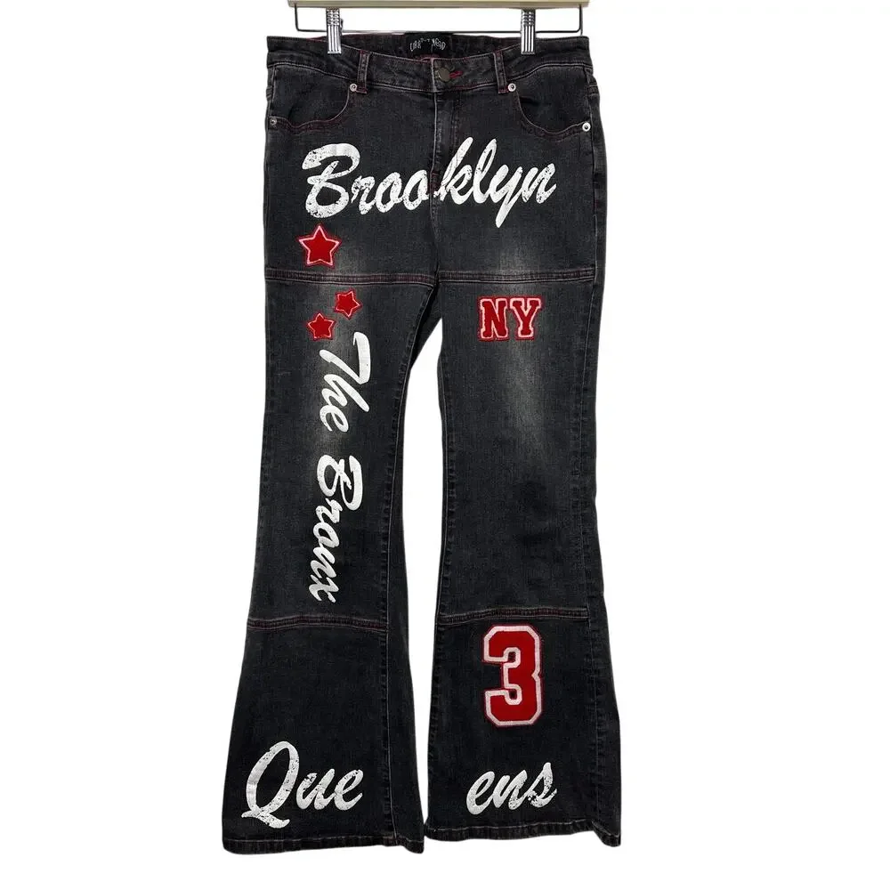 Dollskill Current Mood New York Airbrush Patched Low Waist Flare Jeans Artsy L